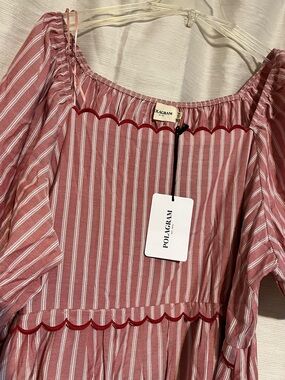 NWT 3X Polagram Red and White Stripped Midi with Scalloped Details